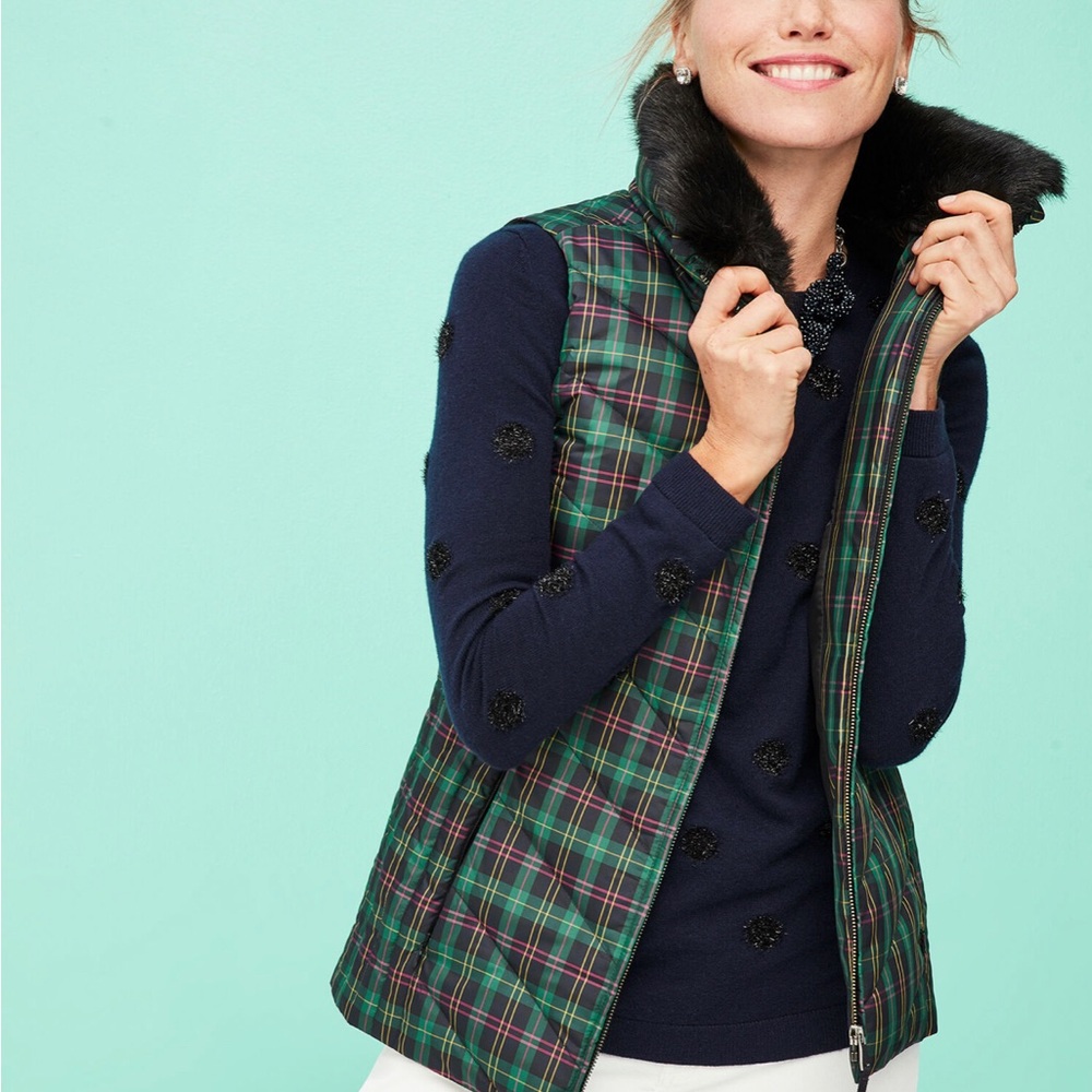 Talbots Down Plaid Women's Vest with Faux Fur Collar Size Large